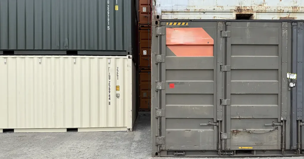 A high cube beside a standard container. The high cube is about 30 cm taller, with a correspondingly taller door opening.